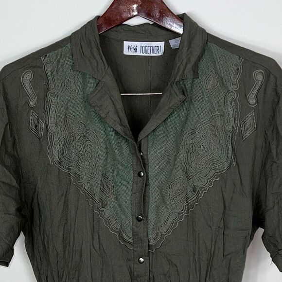 Together! Vintage 80s- 90s Olive Green Belted Romper - Picture 2 of 10